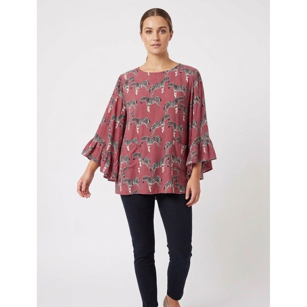 World Market Zebra Print Ruffle Bell Sleeve Blouse Mauve Pink L/XL